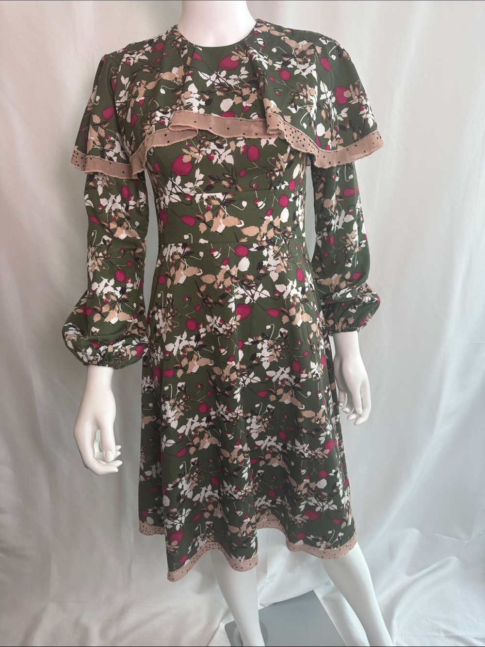 Miri New York Olive Green Floral Long Sleeve Dress with Pink and Cream Accents